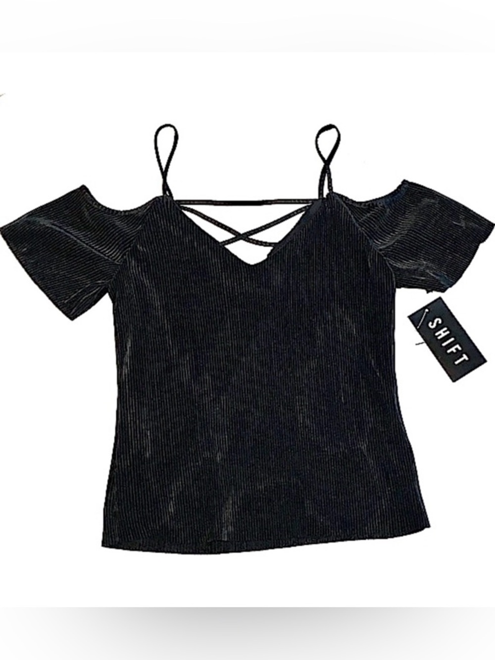 SHIFT Black Shiny Textured Stripe Strappy Crisscross Cut Out Cold Shoulder Top S